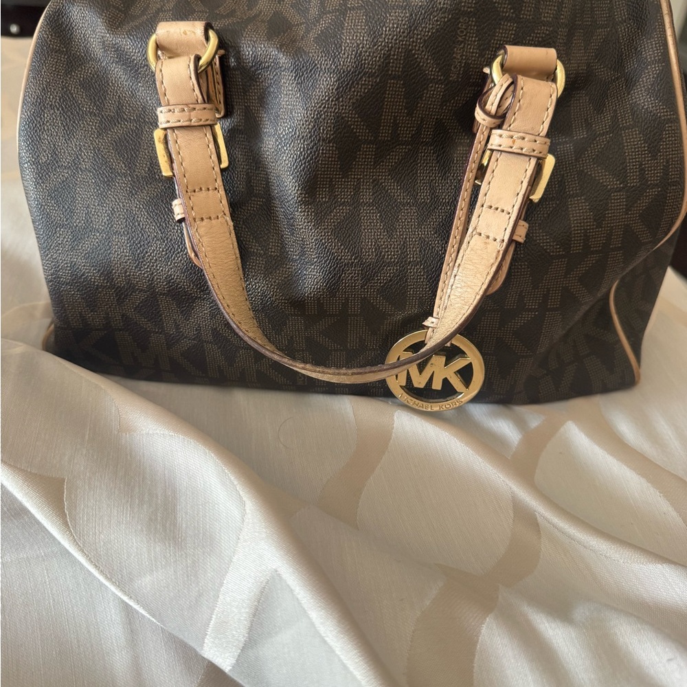Michael Kors Brown Monogram Satchel with Tan Straps and Gold Hardware